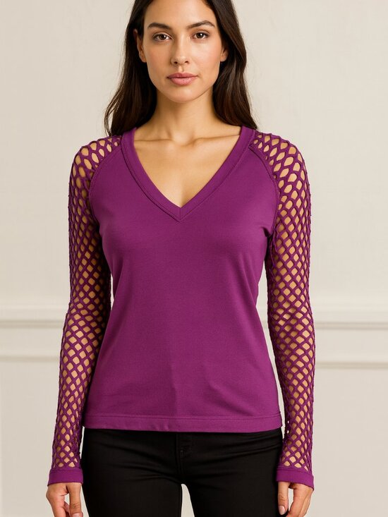 Venus Purple Mesh Sleeve Cutout Back Long Sleeve Stretch Top Sexy Night Out L - Picture 1 of 4